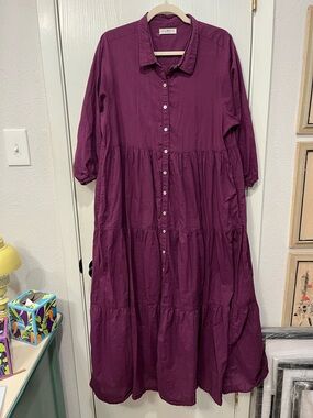 Natural Life Boho Tiered Maxi Dress Large Purple Cotton Cottage Pockets Summer